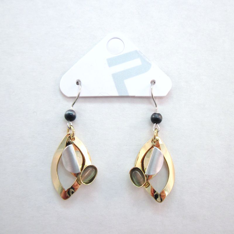 Grey Cat's Eye Earrings with Shiny Gold Leaf Shape - Click Image to Close